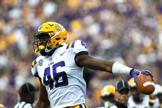 LSU sophomore linebacker Andre Anthony (46) recovers a fumble during the Tigers&#8217; 31-0 victory over Southeastern on Saturday, Sept. 8, 2018, in Tiger Stadium.