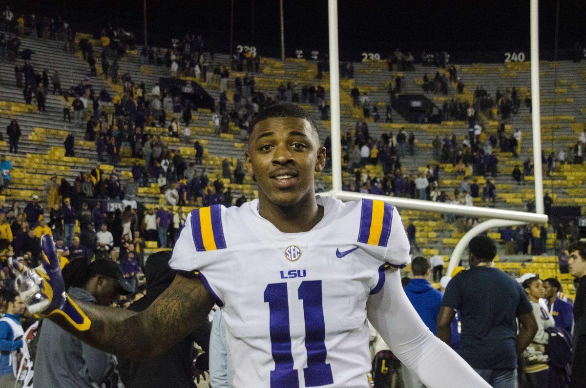 LSU sophomore wide receiver Dee Anderson (11) smiles after the Tigers' 45-21 lead against Texas A&amp;M on Saturday, Nov. 25, 2017, in Tiger Stadium.