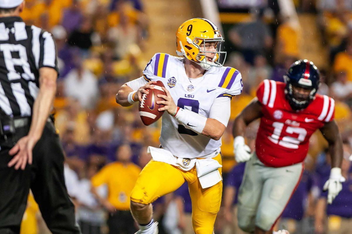 Junior quarterback Joe Burrow (9) prepares to throw the ball during LSU's 45-16 victory against Ole Miss on Saturday, Sept. 29, 2018 at Tiger Stadium.