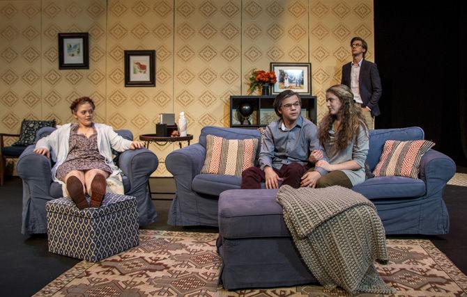 (from left to right) Theatre freshman with a focus in performance Savannah Sanders (Marjorie), interdisciplinary studies junior Phillip Moran (Jon), theatre senior Kasey Canas (Tess) and biology freshman Jacob McManus (Walter) act out a living room scene from Marjorie Prime in the Studio Theater located in LSU's Music and Dramatic Arts building on Wednesday, Sept. 28, 2017.