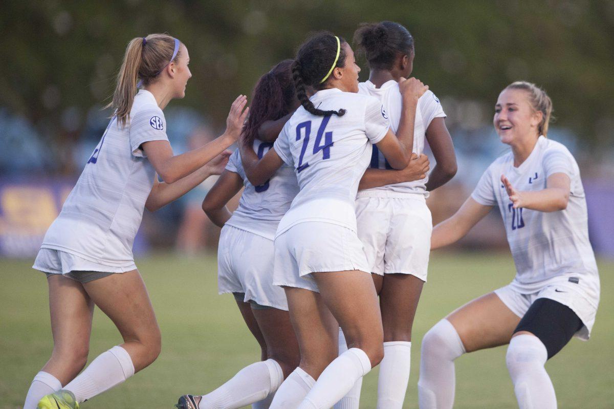 LSU players celebrate their goal in LSU's 1-0 win against Cincinnati at the LSU Soccer Complex on Sept. 14, 2017.