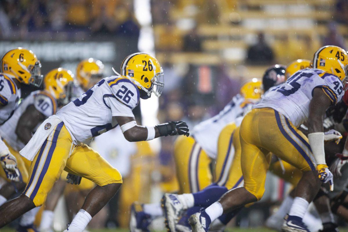 LSU senior safety John Battle (26) ready to attack the Ole Miss offense during the 45-16 victory against Ole Miss in Tiger Stadium on Saturday, Sept. 29, 2018.