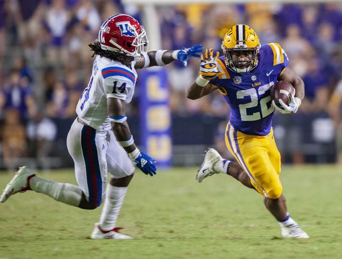 LSU sophomore running back Clyde Edwards-Helaire (22) runs with the ball during the Tigers' 38-21 win against LA Tech on Saturday, Sept. 22, 2018, at Tiger Stadium