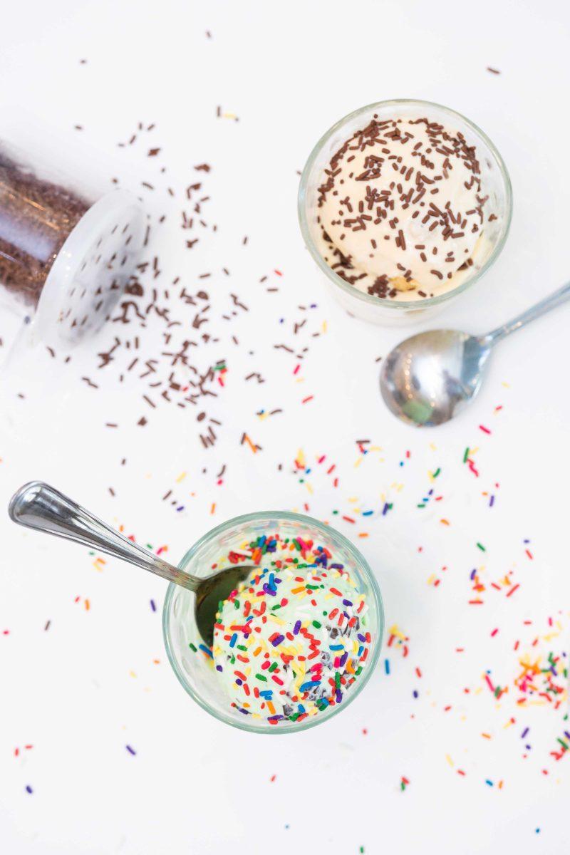 (Top to bottom) Cookie dough with chocolate sprinkles and mint chip with sprinkles