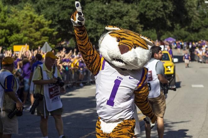 Mike the Tiger leads chants before the Southeastern game on Saturday, Sept. 8, 2018, on Victory Hill.