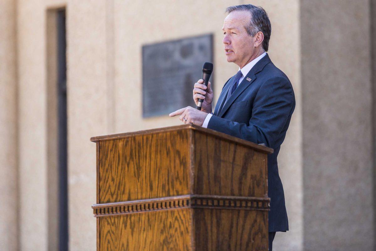 LSU President F. King Alexander gives a speech during LSU's 2018-19 Student Government inauguration on Wednesday, April 4, 2018, near Memorial Tower.