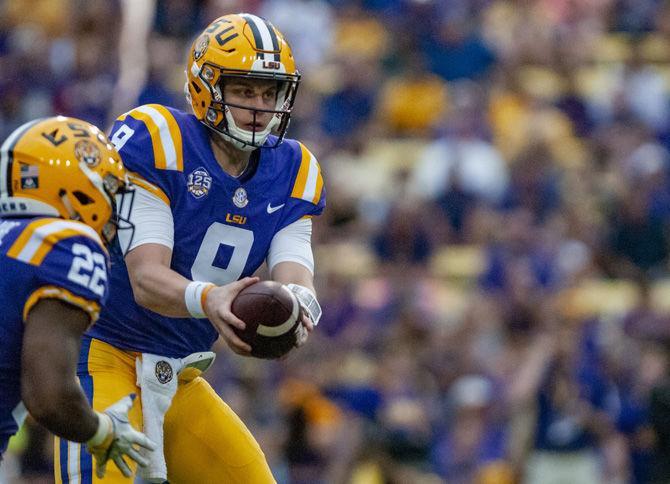 LSU junior quarterback Joe Burrow (9) passes the ball during the Tigers' 38-21 victory against LA Tech on Saturday, Sept. 22, 2018, in Tiger Stadium.