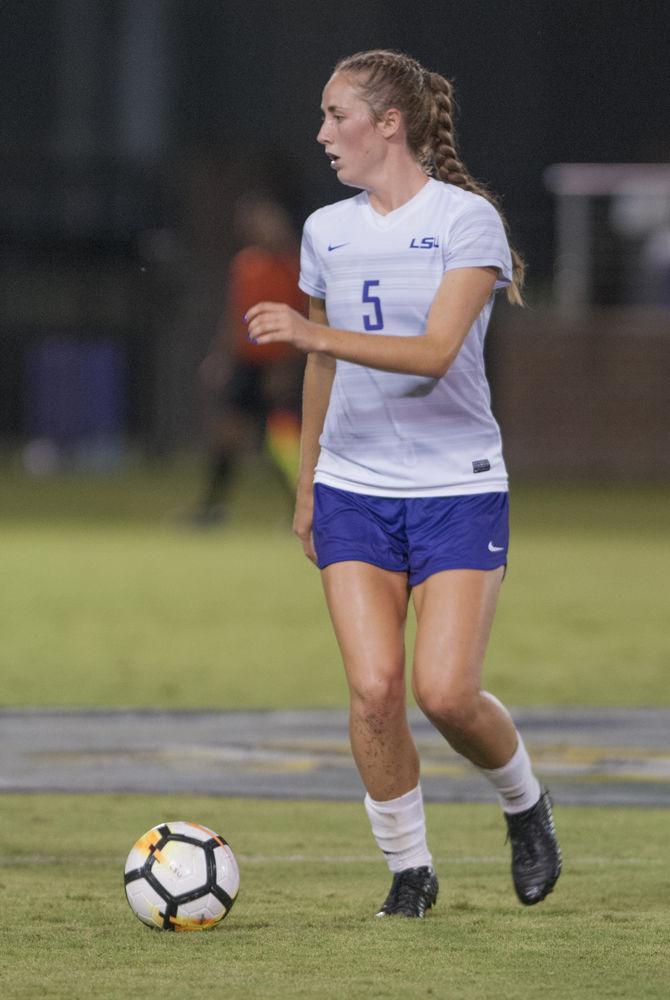 LSU sophomore defender Lucy Parker (5) dribbles the ball during the Tigers' 2-0 win over the Stetson Hatter's on Thursday, Sept. 6, 2018, at the LSU Soccer Complex.