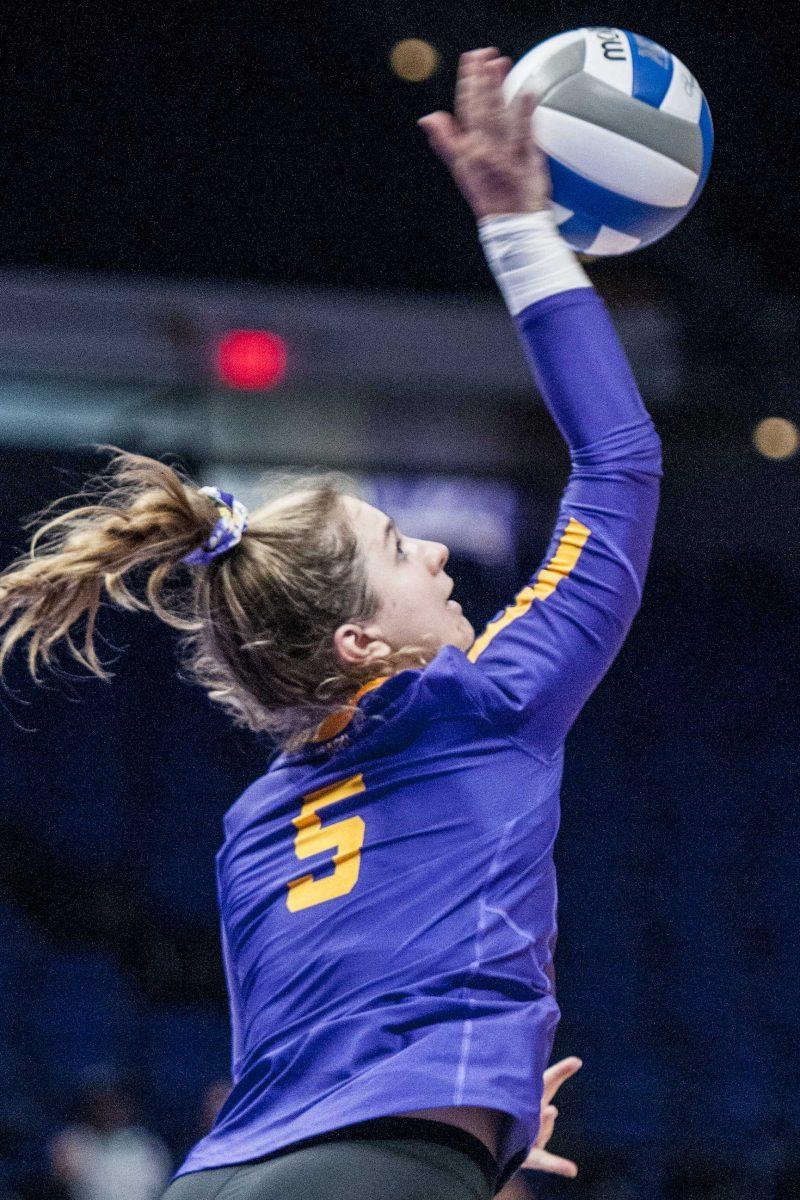 LSU sophomore defensive specialist Raigen Cianciulli (5) serves the ball during the Lady Tigers' 1-3 loss in the PMAC against Duke on Friday, Aug. 31, 2018.