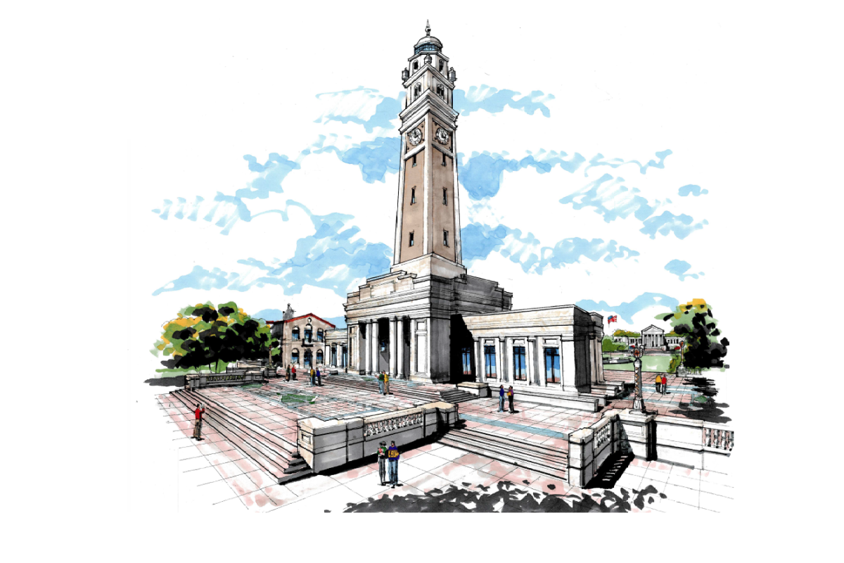 A rendering of the proposed restoration of the Memorial Tower plaza. This design is subject to change.&#160;