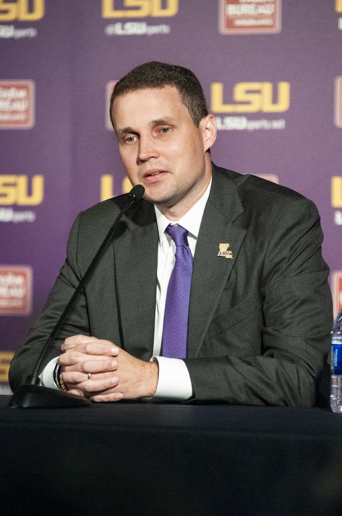 LSU men&#8217;s basketball head coach Will Wade speaks about Wayde Sims at a press conference on Friday, Sept. 28, 2018, in the PMAC.