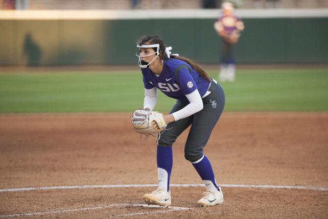 LSU freshman pitcher Maribeth Gorsuch (6) prepares to pitch the ball during the Tigers&#8217; 10-2 victory over ISU on Friday, March 3, 2017, at Tiger Park.