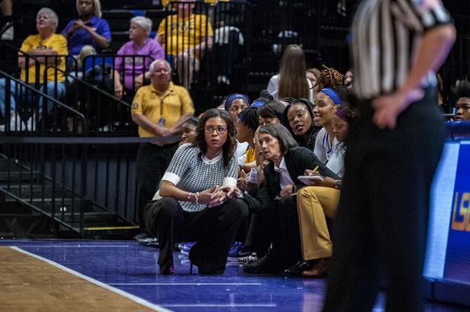 LSU coaches Nikki Fargas and Mickie DeMoss speak from the sideline during the Tigers' 79-78 win against Alabama on Sunday,&#160;Feb. 25, 2018, in the PMAC.