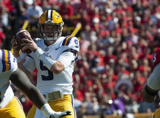 LSU junior quarterback Joe Burrow (9) prepares to pass the ball during the Tigers' 36-16 victory against Georgia in Tiger Stadium on Saturday, Oct. 13, 2018.