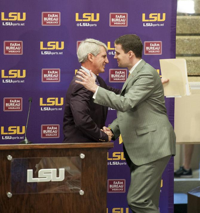 LSU athletic director Joe Alleva introduces head coach Will Wade during an introductory press conference on Wednesday, March 22, 2017, in the Student Union.