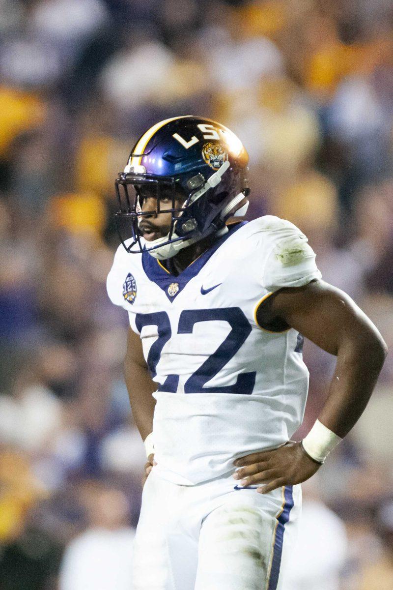 LSU junior corner back Kristian Fulton (22) sighs during the Tigers&#8217; 19-3 victory over Mississippi State on Saturday, Oct. 20, 2018, in Tiger Stadium.