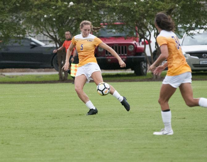 LSU sophomore defender Lucy Parker (5) dribbles the ball during the Tigers' 2-0 win over the Samford Bulldogs on Sunday, Sept. 9, 2018, at the LSU Soccer Complex.