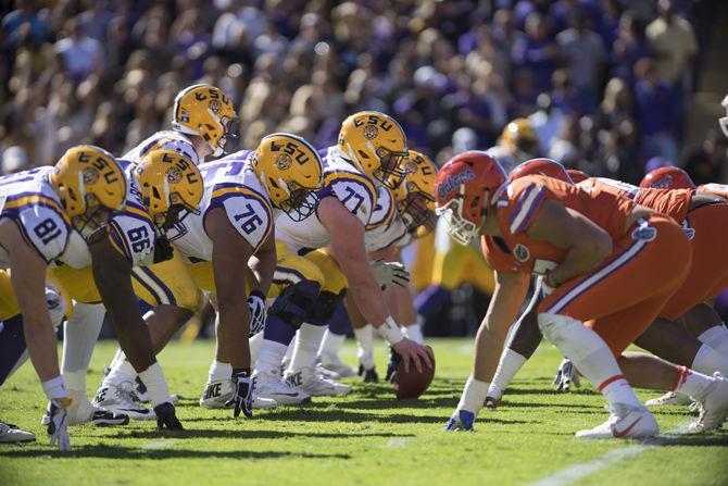 The Tigers prepare for a snap during the their 16-10 loss to the Florida Gators on Saturday Nov. 19, 2016 at Tiger Stadium.