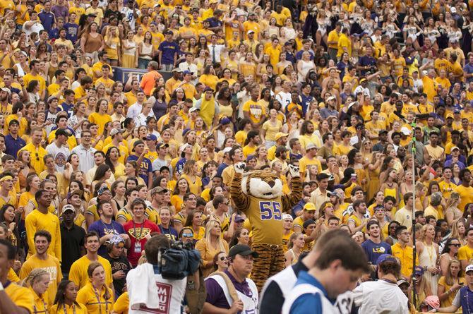 Mike celebrates the touchdown with the student's section during the Tigers 23-20 victory over Mississippi State on Sept. 17, 2016 at Tiger Stadium.