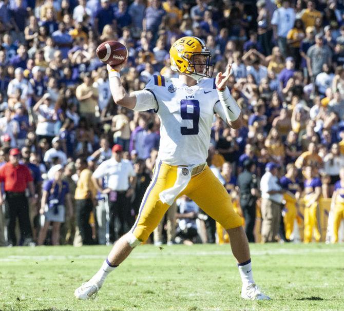 LSU junior quarterback Joe Burrow (9) throws the&#160;&#160;ball during the Tigers' game against Georgia on Saturday, Oct. 13, 2018, at Tiger Stadium.