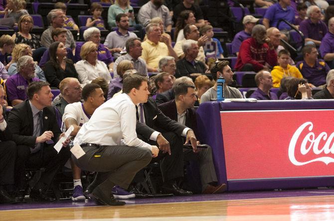 LSU basketball coach Will Wade observes during the Tigers' 64-63 victory against Missouri on Saturday, Feb. 17, 2018 in the PMAC.