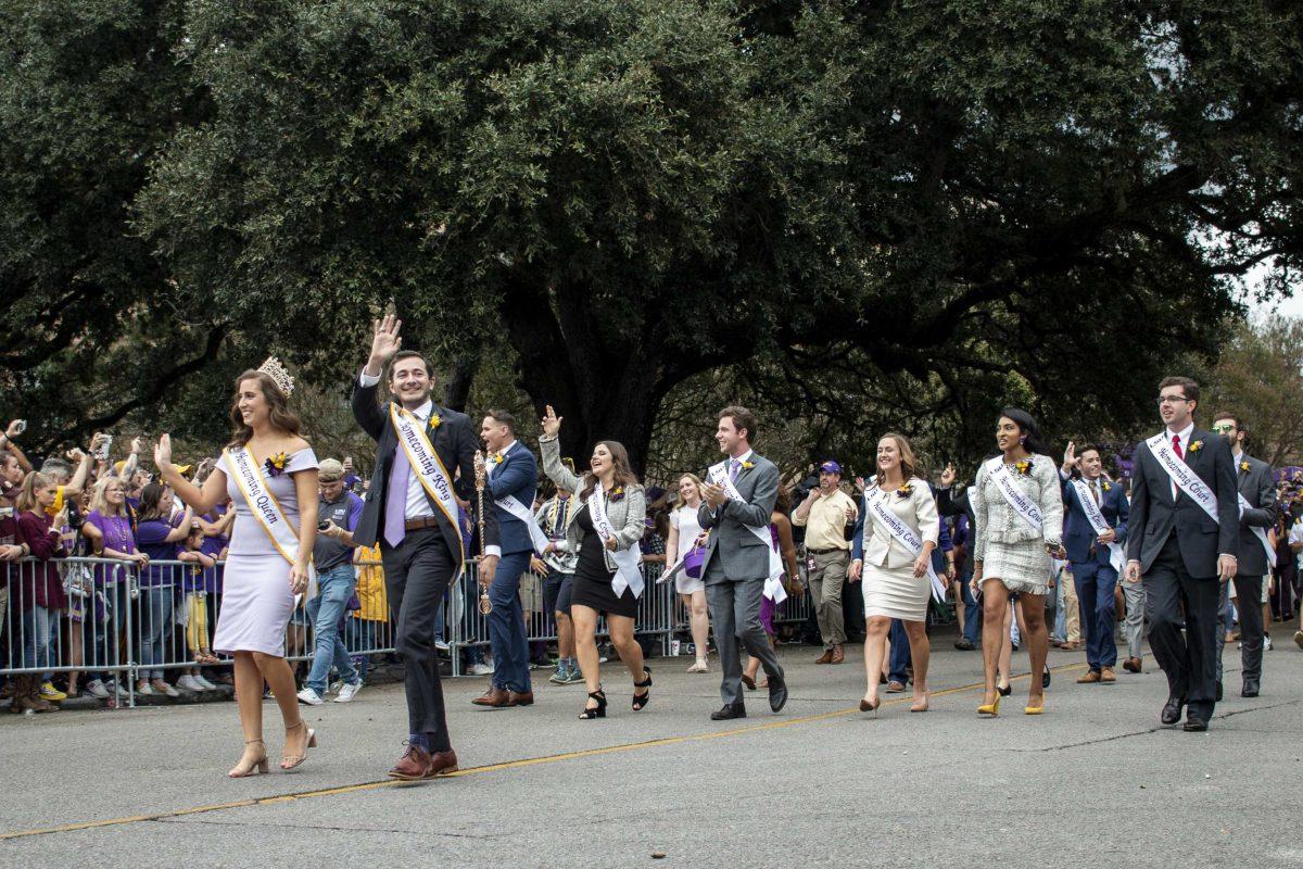 Homecoming Court members march down Victory Hill before the LSU football game against Mississippi State on Saturday, Oct. 20, 2018.