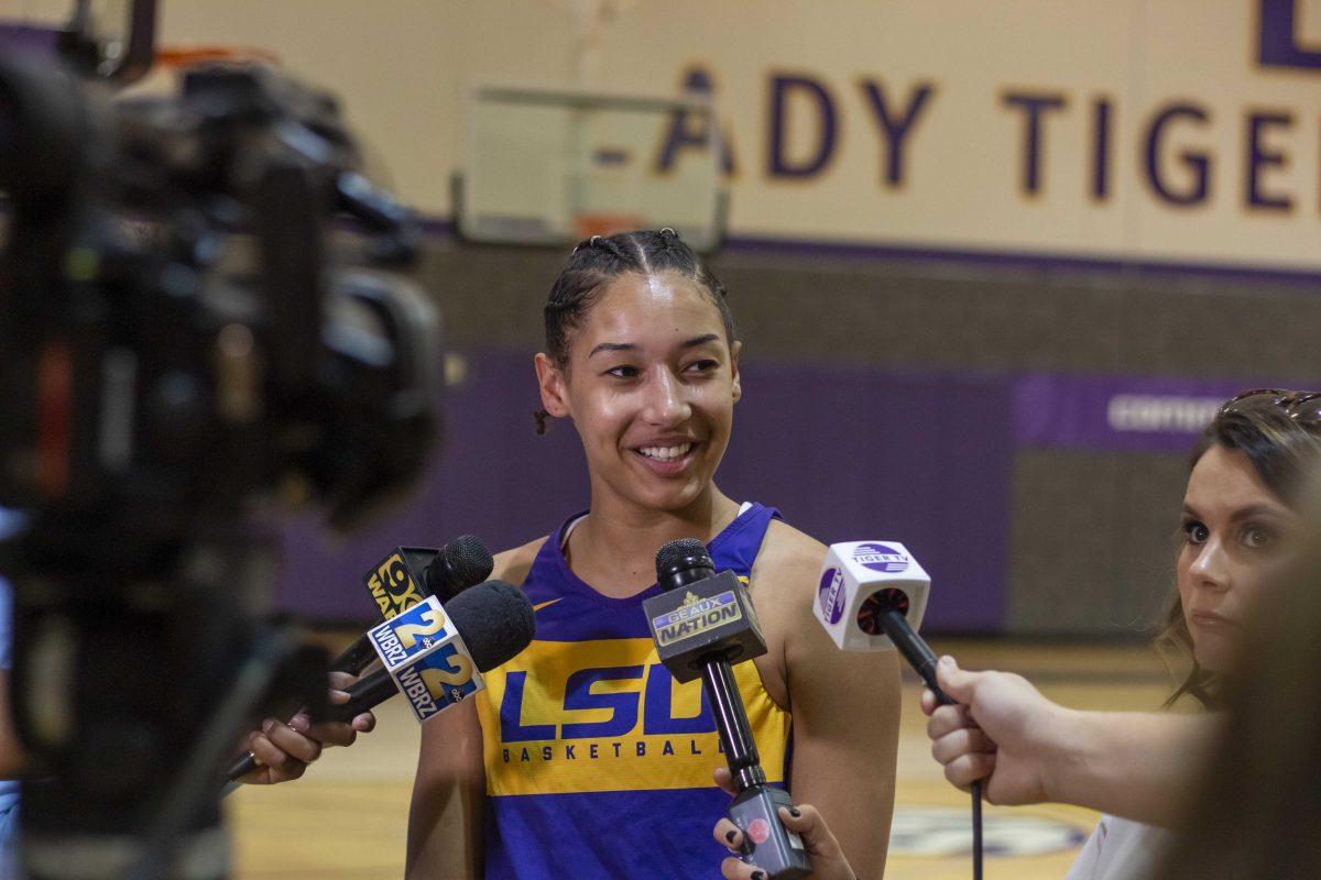 LSU junior guard Mercedes Brooks (12) answers questions in the Lady Tigers&#8217; practice facility on Monday, Oct. 22, 2018.