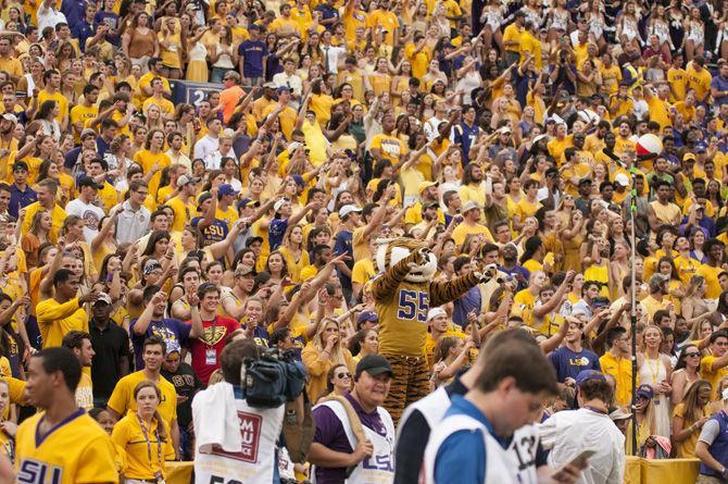 Mike celebrates the touchdown with the student's section during the Tigers 23-20 victory over Mississippi State on Sept. 17, 2016 at Tiger Stadium.