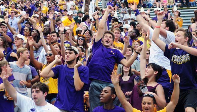 Fans seated in the student section cheer Saturday, September 6, 2014 during the Tigers' 56-0 win against Sam Houston State in Tiger Stadium.