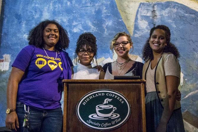 (from left to right) Chief poetry editor of The Delta Journal and LSU English and African American studies junior Nayyir Ransome, LSU English senior Elizabeth Nelson, LSU creative writing senior Kendall James, and LSU creative writing alumna Kirsten Collins meet up outside of Highland Coffees on Thursday, Sept. 21, 2017.