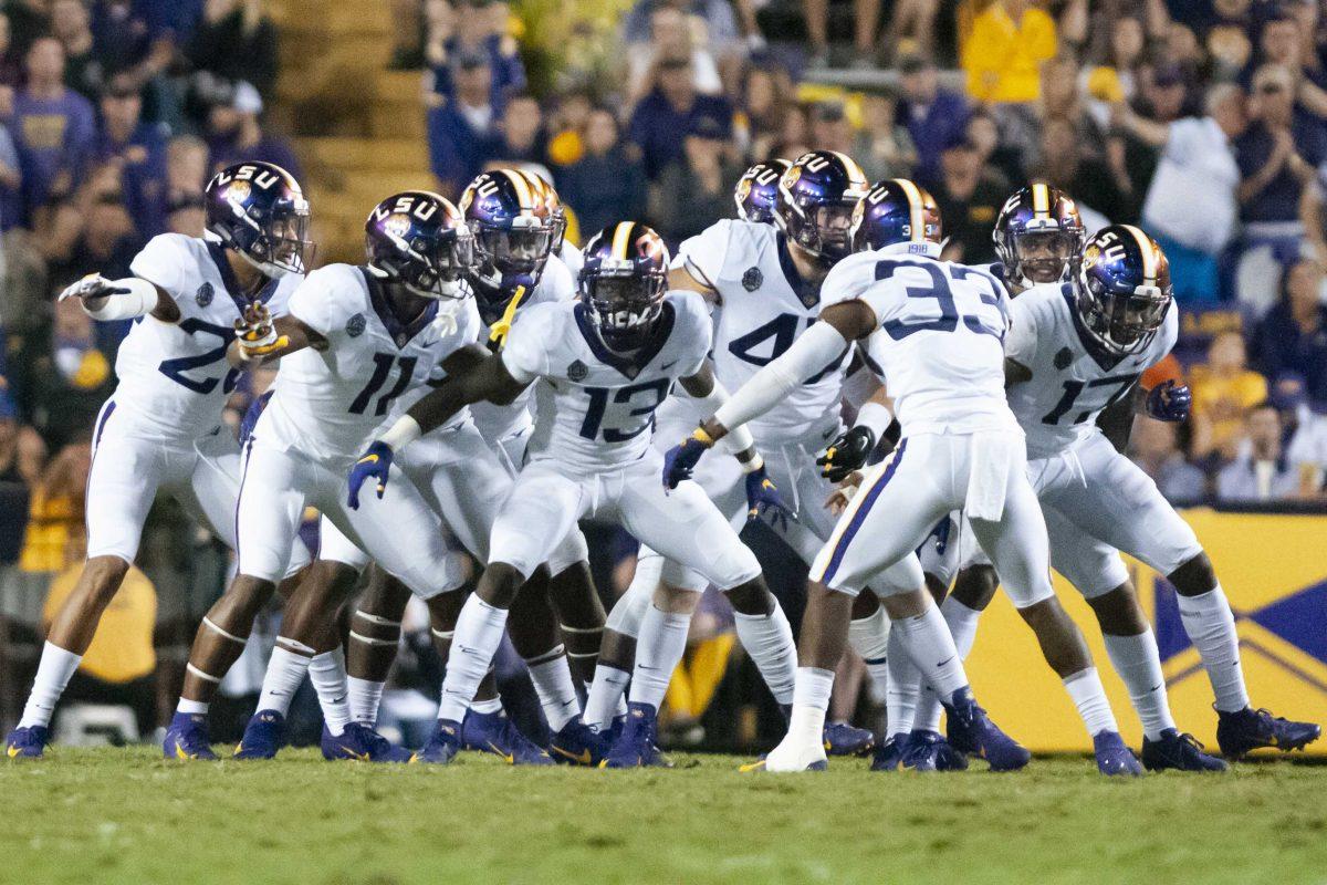 LSU football players celebrate during the Tigers&#8217; 19-3 victory over Mississippi State on Saturday, Oct. 20, 2018, in Tiger Stadium.