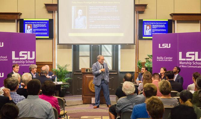 Manship School of Mass communication professor Len Apcar speaks during the "Faked Out" news panel on Monday, April 17, 2017 in the Holliday Forum.