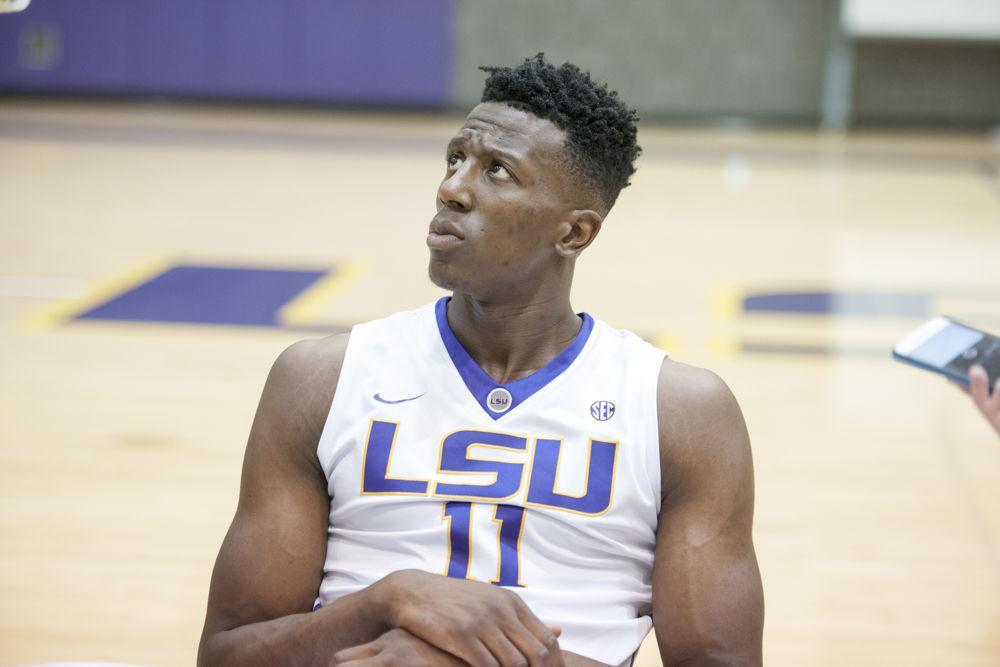 LSU senior forward Kavell Bigby-Williams (11) speaks to the media on Tuesday, Oct. 24, 2017, at the basketball media day in the PMAC.