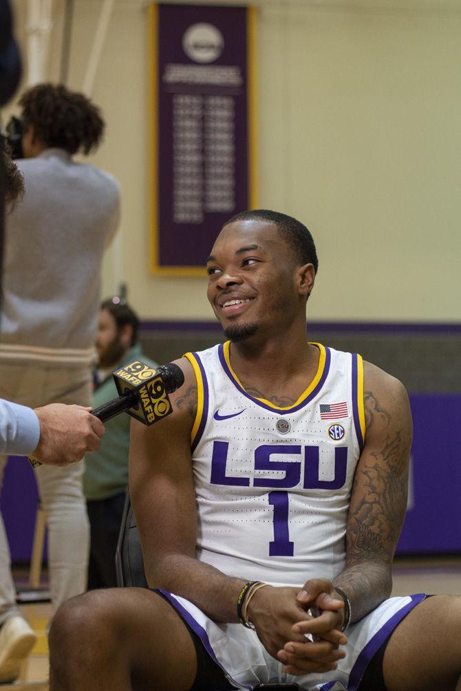 LSU freshman guard Ja&#8217;vonte Smart (1) answers questions in the Tigers&#8217; practice facility on Monday, Oct. 22, 2018.