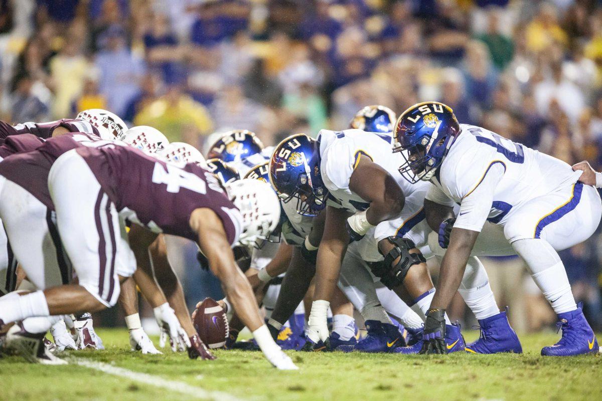 LSU prepares for a play during the Tigers&#8217; 19-3 victory over Mississippi State on Saturday, Oct. 20, 2018, in Tiger Stadium.