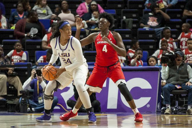 LSU freshman center Faustine Aifuwa (24) guards the ball from Georgia junior forward Caliya Robinson (4) during the Tigers' 71-60 win against Georgia on Thursday, Feb. 1, 2018, in the PMAC.