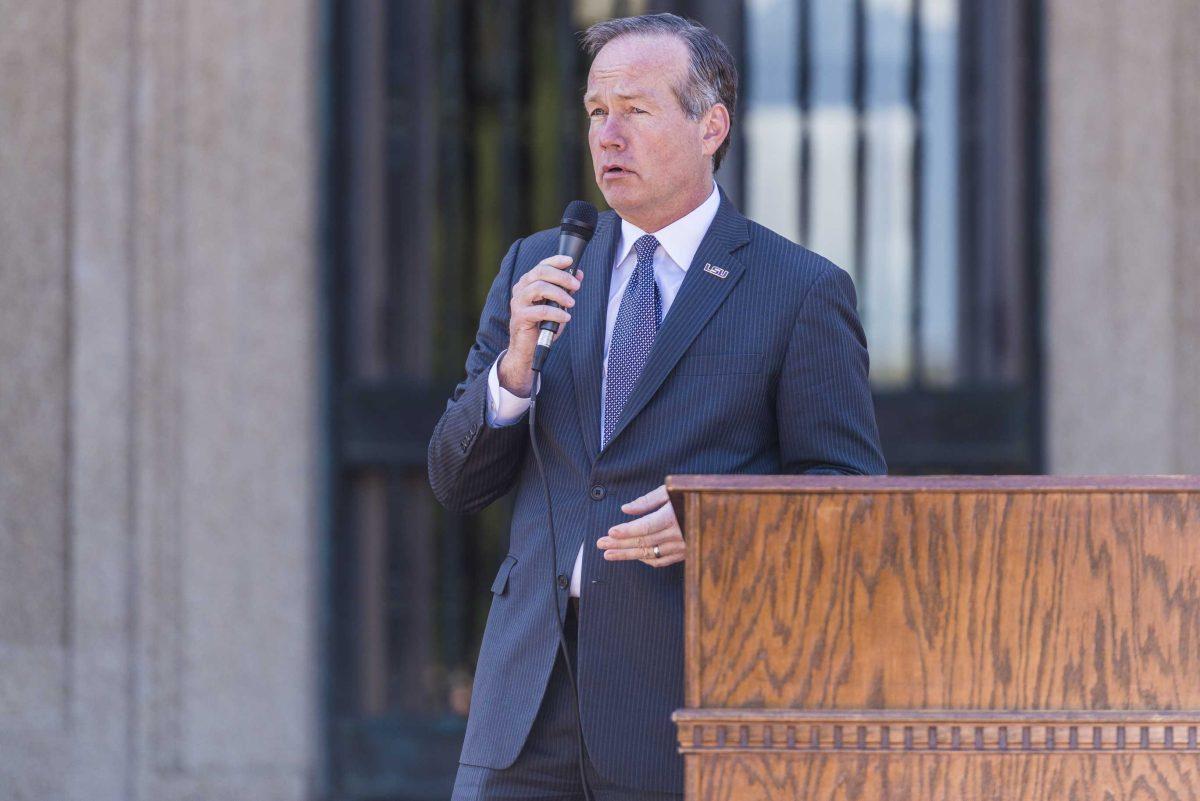 LSU President F. King Alexander gives a speech during LSU's 2018-19 Student Government inauguration on Wednesday, April 4, 2018, near Memorial Tower.