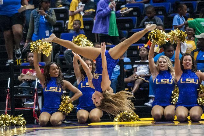 The LSU Tiger Girls Dance Team hypes up the crowd during the Tigers' 79-78 win against Alabama on&#160;Sunday,&#160;Feb. 25, 2018, in the PMAC.