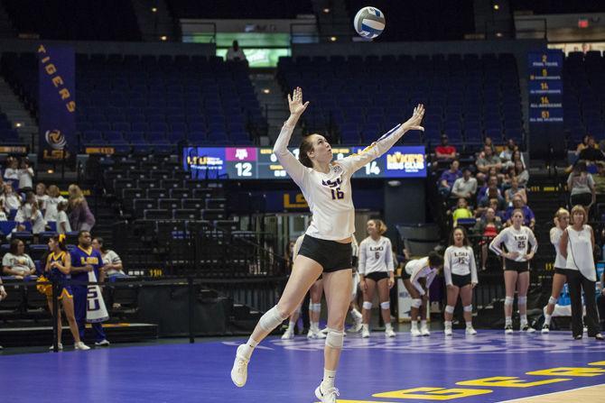 LSU senior setter Lindsay Flory (16) serves the ball during the Lady Tigers&#8217; 2-3 loss against Texas A&amp;M in the PMAC on Sunday Sept. 30, 2018.