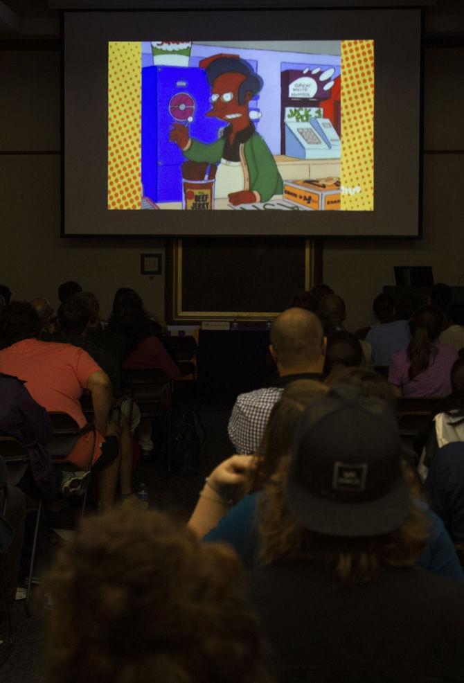 The Problem with Apu Film Screening and Panel Discussion is presented to students to raise awareness about racism during Media Literacy Week in Hill Memorial Library on Wednesday, Nov. 7, 2018.