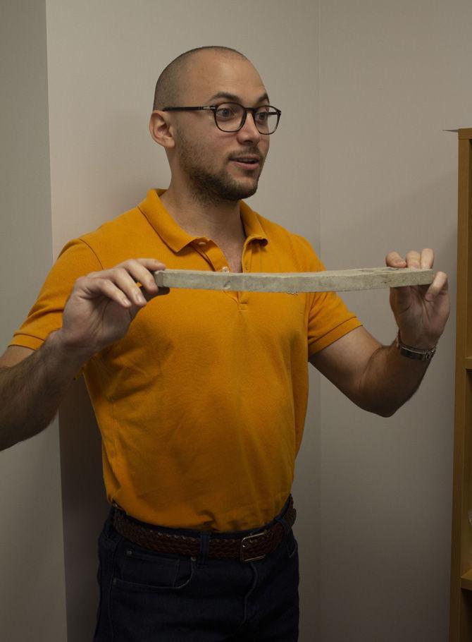 LSU Tran-SET Research Associate Gabriel Arce explains how he and his team are conducting research on a new type of bendable concrete on Monday, Nov. 5, 2018.