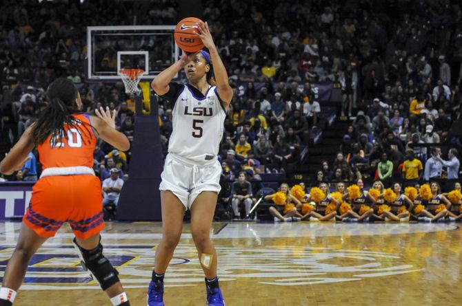 LSU junior forward Ayana Mitchell (5) pulls up for three during the Lady Tigers&#8217; 66-52 victory over Sam Houston in the PMAC on Tuesday, Nov. 6, 2018.