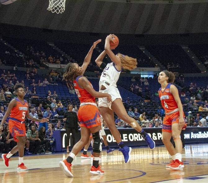 LSU forward Ayana Mitchell (05) shoots the ball during the Tigers' 52-66 win over Sam Houston on Tuesday, Nov. 6, 2018 in the PMAC.