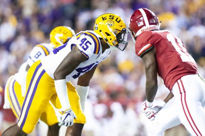 LSU junior linebacker Michael Divinity Jr. (45) prepares for a play during the Tigers' 29-0 loss against Alabama on Saturday, Nov. 3, 2018, in Tiger Stadium.