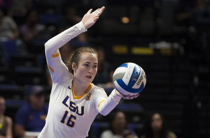 LSU junior setter Lindsay Flory (16) serves the ball during the Lady Tigers' 3-0 win over the University of Houston on Saturday, Sept. 15, 2017, at the Pete Maravich Assembly Center.