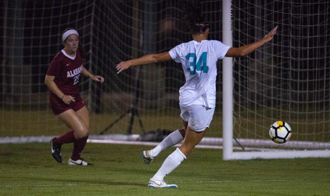 LSU freshman forward Molly Thompson (34) attempts shot during the Tigers' 2-0 win over Alabama on Thursday, Sept. 27, 2018, at the LSU Soccer Complex.