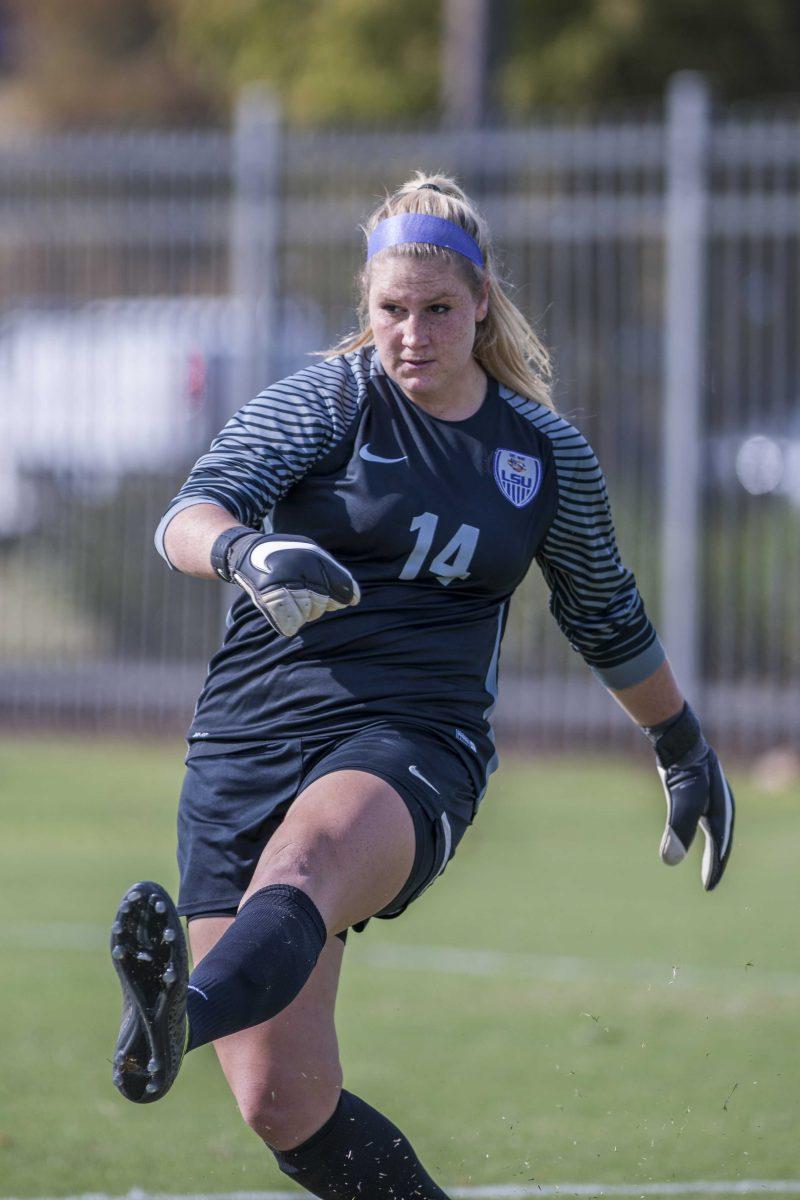 LSU sophomore goalkeeper Caroline Brockmeier (14) clears a ball upfield on Oct. 23, 2016 at the LSU Soccer Stadium.