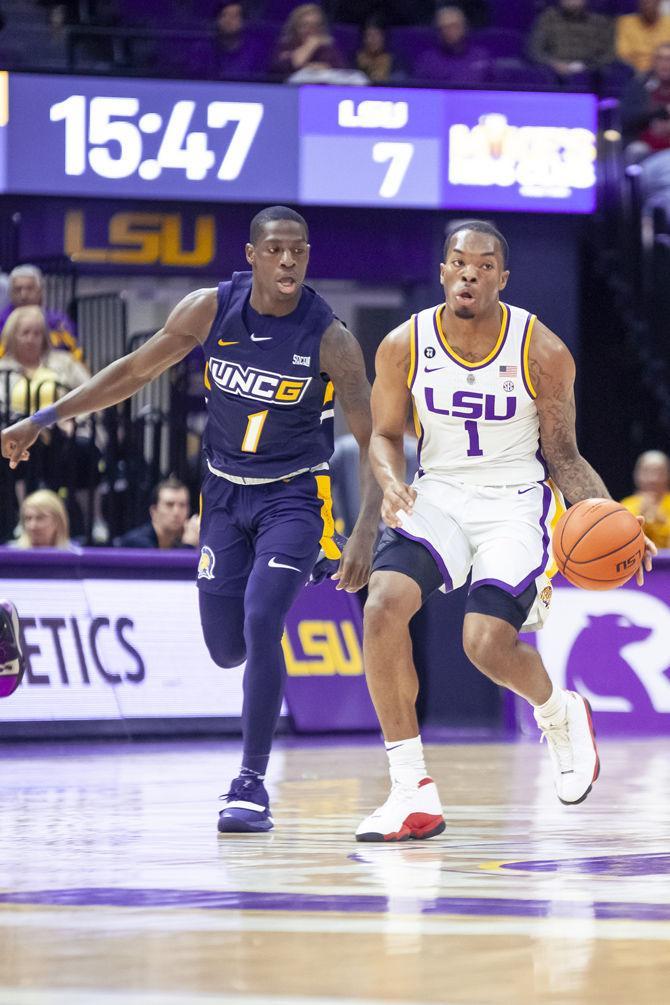 LSU freshman guard Ja&#8217;vonte Smart (1) dribbles the ball down the court during the Tigers&#8217; 97-91 victory over UNC Greensboro in the PMAC on Friday, Nov. 9, 2018.