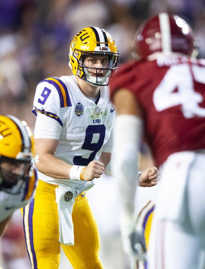 LSU junior quarterback Joe Burrow (9) scans the field during the Tigers' 29-0 loss against Alabama on Saturday, Nov. 3, 2018, in Tiger Stadium.