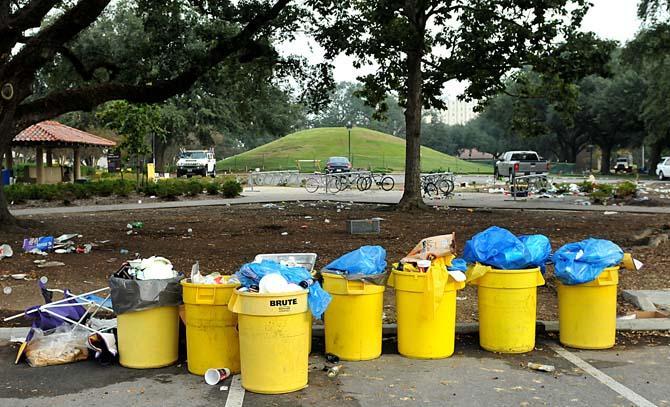 Gameday trash litters campus Sunday, Oct. 14, 2012 after LSU played South Carolina in Tiger Stadium.